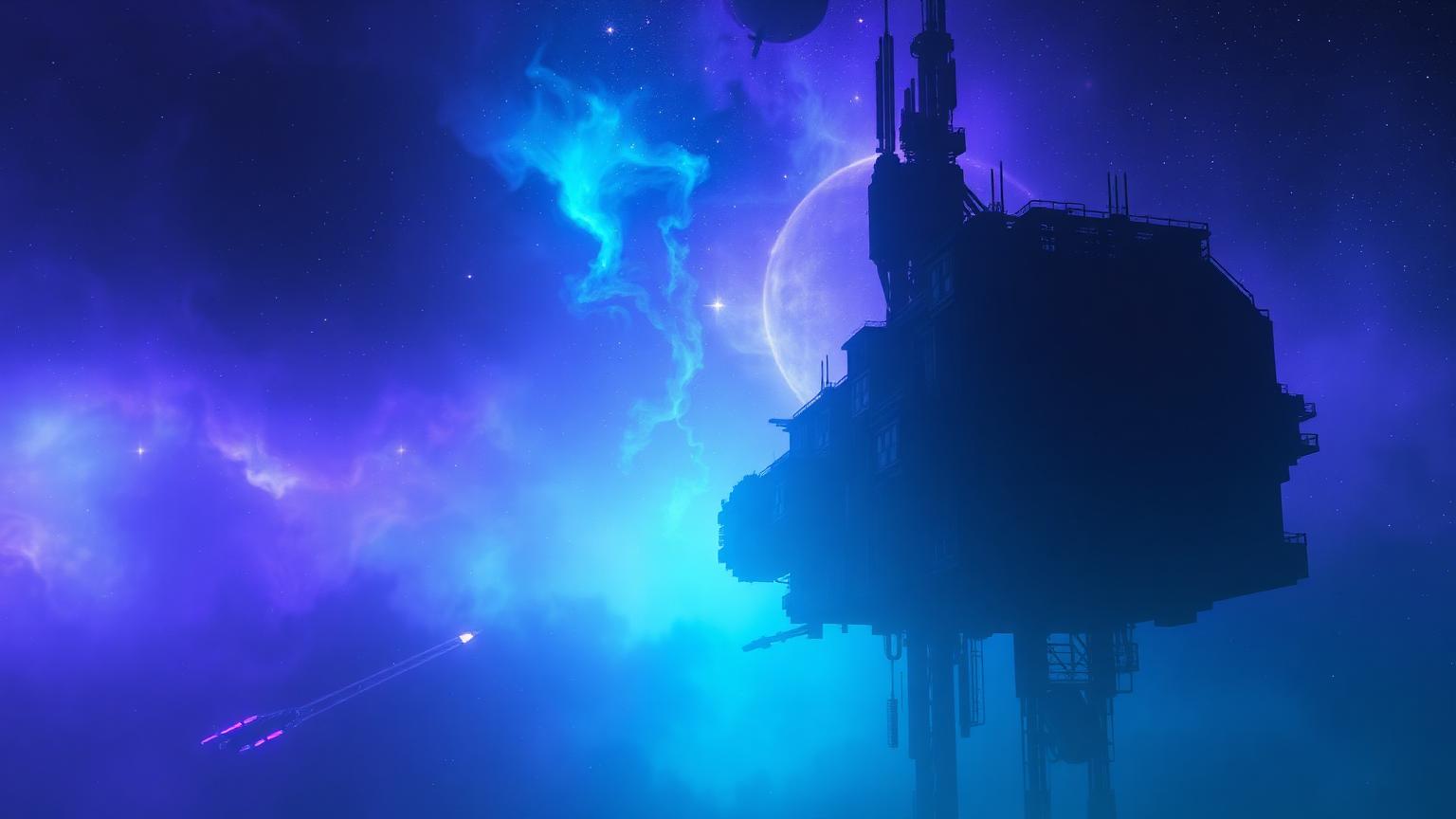 A ruined station rising through ash clouds